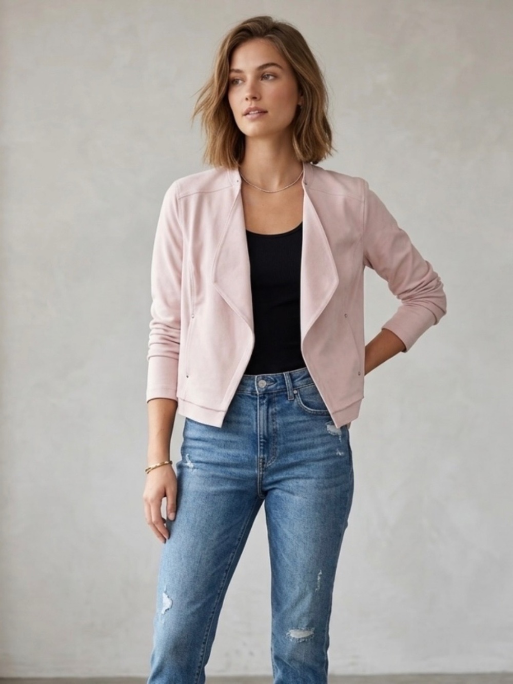 Lyssé Light Pink Open Front Crop Jacket Moto Style XL Balletcore Soft Girl Chic